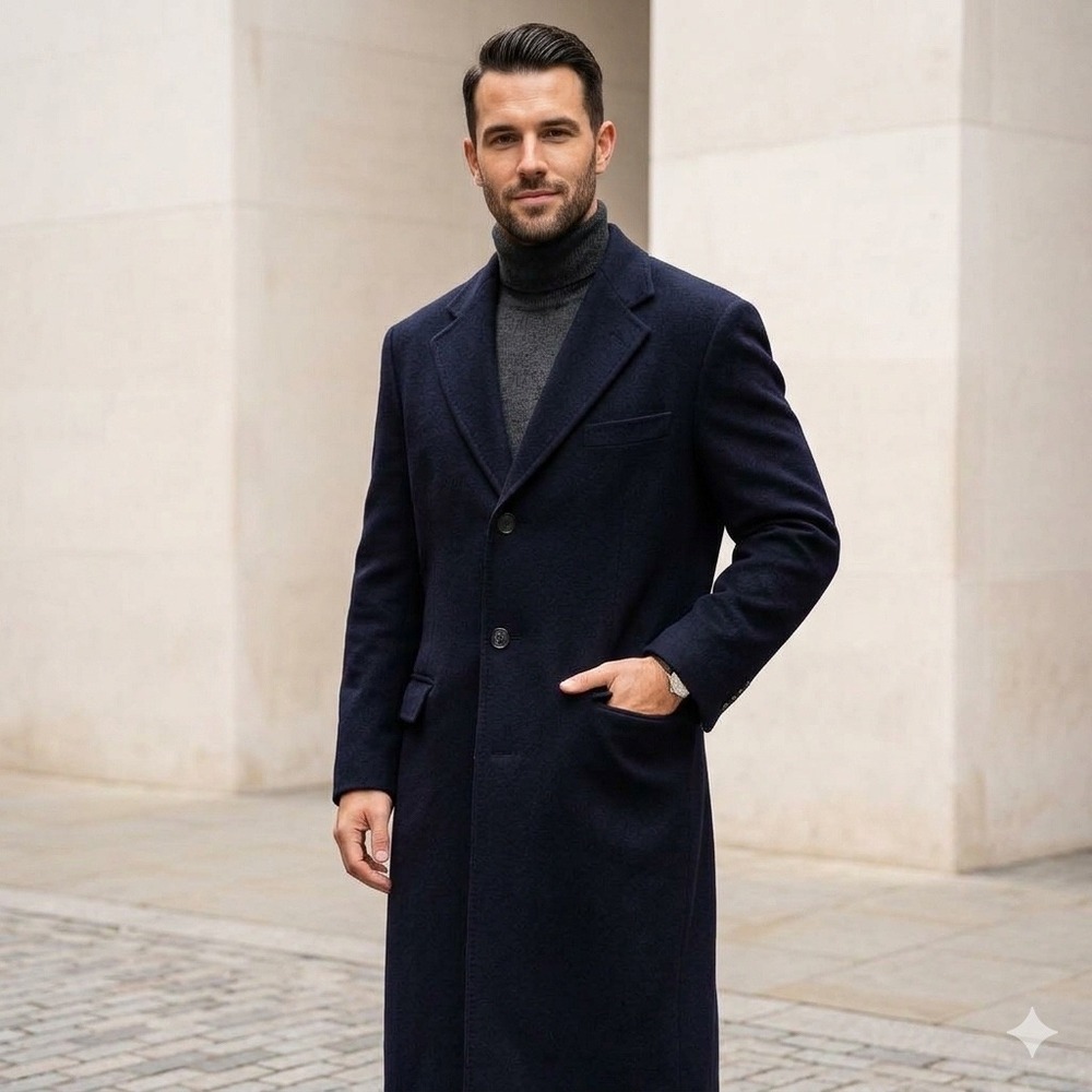 Navy Blue 100% Lambswool Long Overcoat Single Breasted Peacoat
Italy Pockets 42